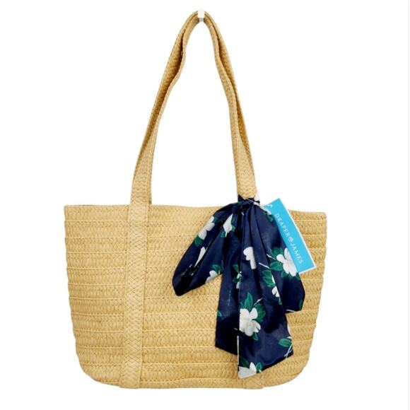 NWT Draper James Everyday Straw Bag Tote Floral Scarf Preppy Southern Chic - Picture 3 of 10